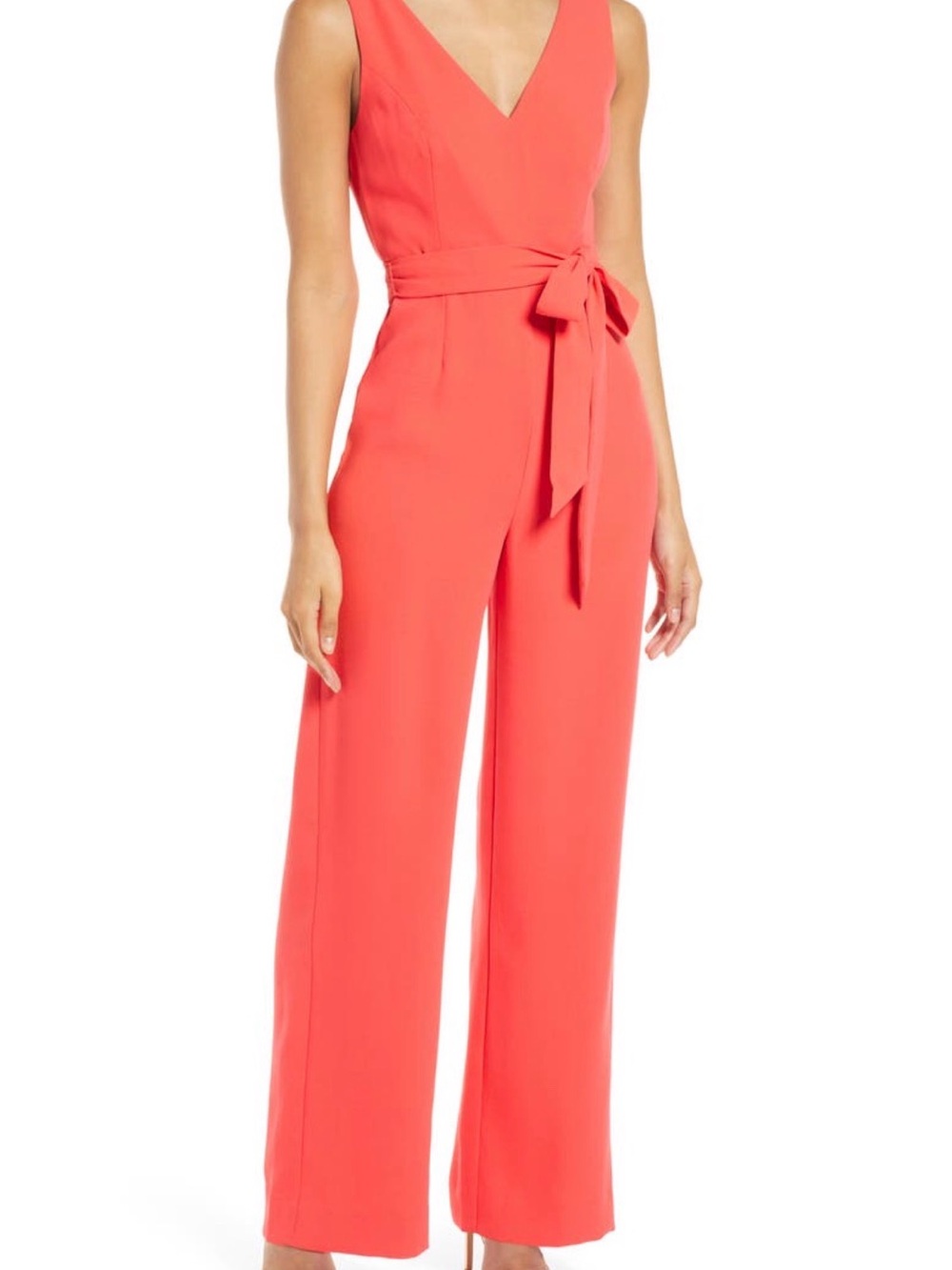 Lilly Pulitzer Coral V-Neck Wide-Leg Sleeveless Jumpsuit with Tie Waist